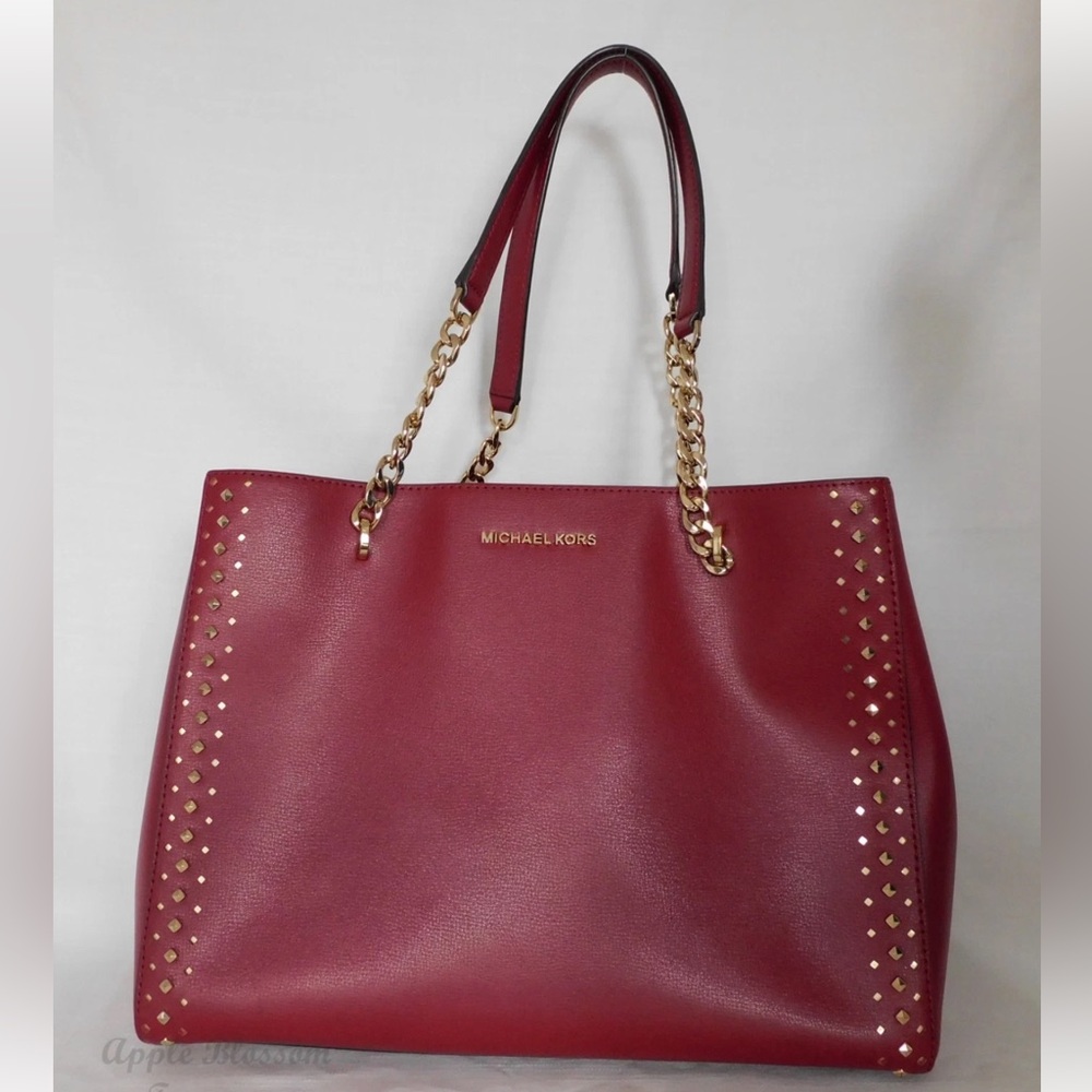 Michael Kors Ellis Large Cherry Red Studded Leather Tote Handbag Shoulder Bag